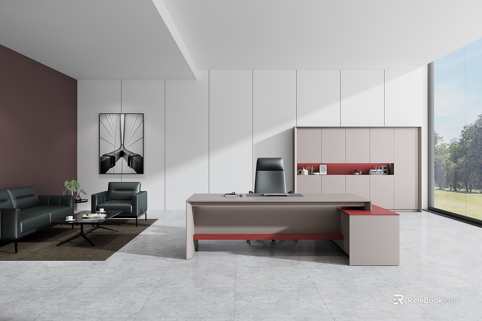 Modern Office Desk With Black Chair Cabinet Artwork Sofa And Natural Light From Window 3d model 