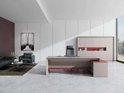 Modern Office Desk With Black Chair Cabinet Artwork Sofa And Natural Light From Window 3d model