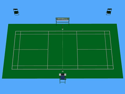 Green Tennis Court With White Lines Net Scoreboard And Seats For Fitness Training 3d model