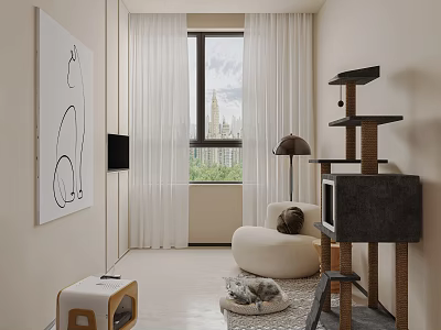 Cozy Lounge Room With Cat Tree Cat Bed And Round Sofa 3d model