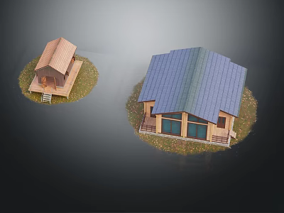 Two Wooden Houses With Brown And Blue Roofs In Grass Surroundings 3d model
