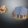 Two Wooden Houses With Brown And Blue Roofs In Grass Surroundings