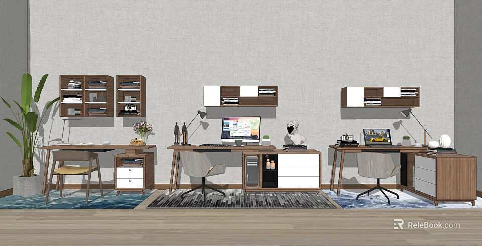 Modern Office Desk With Wall Shelves Lamp Computer Chair And Rugs 3d model 