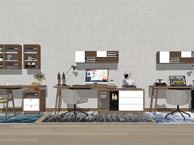 Modern Office Desk With Wall Shelves Lamp Computer Chair And Rugs 3d model