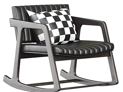 Modern Black Leather Rocking Chair With Wooden Frame and Black White Checkered Pillow 3d model