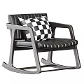 Modern Black Leather Rocking Chair With Wooden Frame and Black White Checkered Pillow