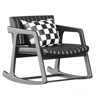 Modern Black Leather Rocking Chair With Wooden Frame and Black White Checkered Pillow 3d model