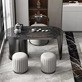 Modern Tea Table and Chairs with Marble Top and Grey Stools by Large Window 3d model