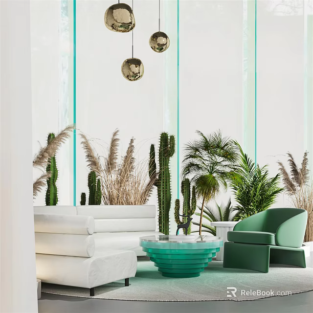 Bright White Sofa And Green Coffee Table Set With Green Armchair Cacti Plants Pendant Lights 3d model 