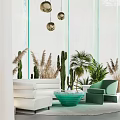 Bright White Sofa And Green Coffee Table Set With Green Armchair Cacti Plants Pendant Lights