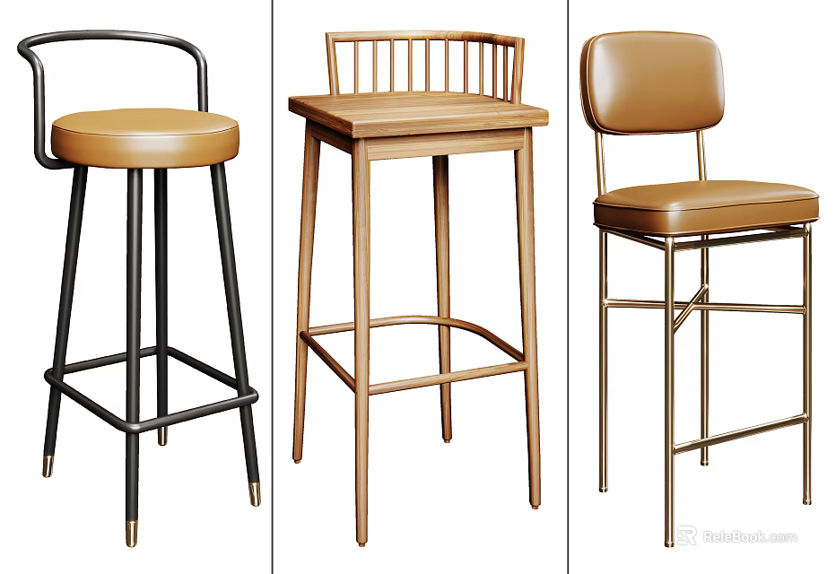 Modern Bar Stools With Wooden Metal Frames Leather Seats And Stylish Backrests 3d model 