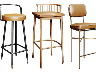 Modern Bar Stools With Wooden Metal Frames Leather Seats And Stylish Backrests 3d model