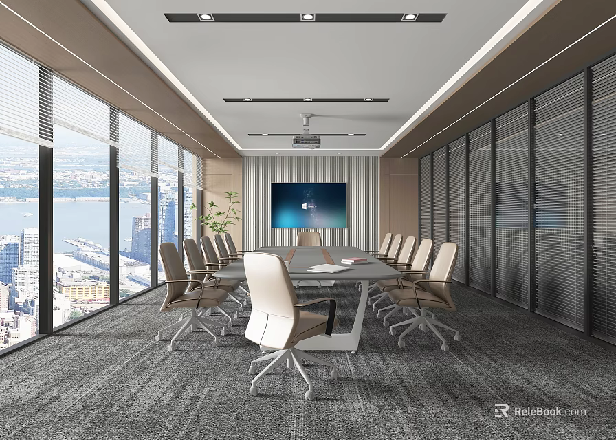 Modern Conference Room Interior Design With Large Windows City View Long Table And Comfortable Chairs 3d model 