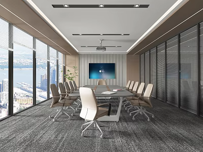 Modern Conference Room Interior Design With Large Windows City View Long Table And Comfortable Chairs 3d model