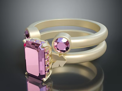 Gold Double Band Rings With Pink Rectangular And Round Gemstones Butterfly Detail 3d model