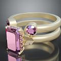 Gold Double Band Rings With Pink Rectangular And Round Gemstones Butterfly Detail