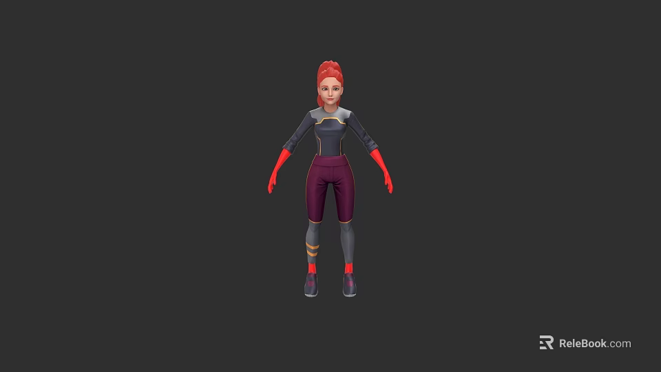 3D Animated Game Character With Red Hair Dark Top Purple Pants Red Gloves And Shoes 3d model 