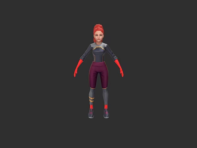 3D Animated Game Character With Red Hair Dark Top Purple Pants Red Gloves And Shoes 3d model
