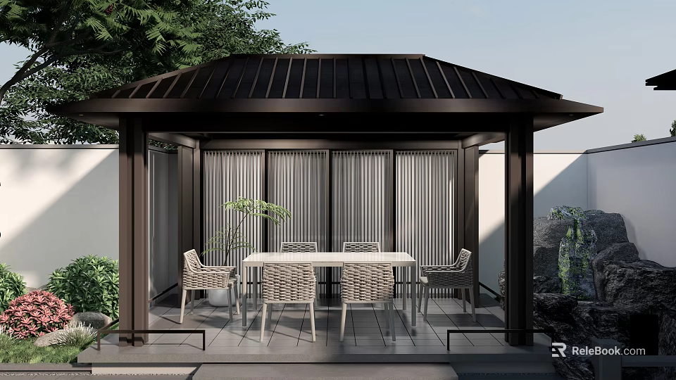 Rockery Stones In Outdoor Pavilion With Wicker Chairs White Table And Green Plants 3d model 
