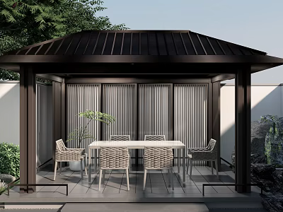 Rockery Stones In Outdoor Pavilion With Wicker Chairs White Table And Green Plants 3d model