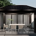 Rockery Stones In Outdoor Pavilion With Wicker Chairs White Table And Green Plants