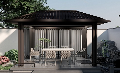 New Chinese Courtyard Pavilion Outdoor Dining Table and Chair rockery stacked shrub plant pruning shrub ball long table and chair 3d model