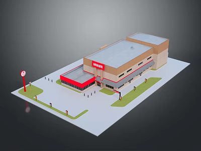 Bingo Hall Building With Red And Beige Exterior Flat Roof Clock Sign Surrounding Lawn And People 3d model