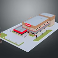 Bingo Hall Building With Red And Beige Exterior Flat Roof Clock Sign Surrounding Lawn And People