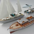 Different Types Of Water Vehicles Including Sailboat Motorboat And Wooden Yacht With White Sails