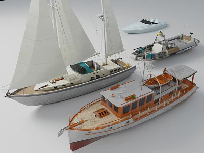 Different Types Of Water Vehicles Including Sailboat Motorboat And Wooden Yacht With White Sails 3d model