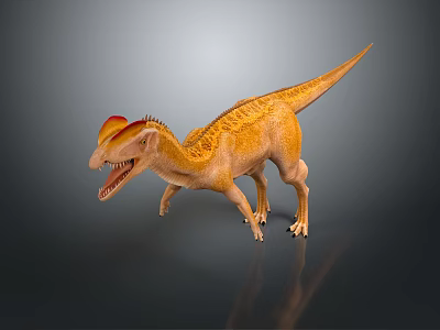 3D Yellow Dinosaur With Red Crest Standing In Gray Background With Reflection 3d model