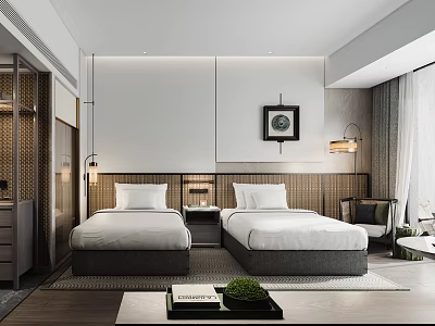 Modern Hotel Guest Room With Double Beds White Bedding And Wall Art 3d model