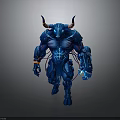 Blue Horned Armored Muscular Humanoid Creature With Glowing Details And Orange Accents