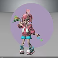 Pink Haired Cartoon Character With Cute Green Bird And Star Decorations