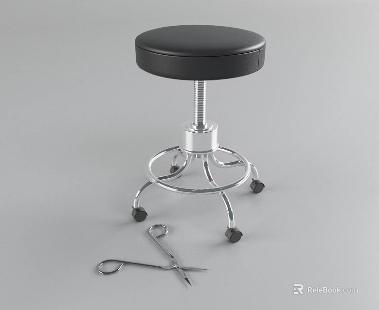 Adjustable Black Leather Bar Stool With Metal Base And Rolling Wheels 3d model 