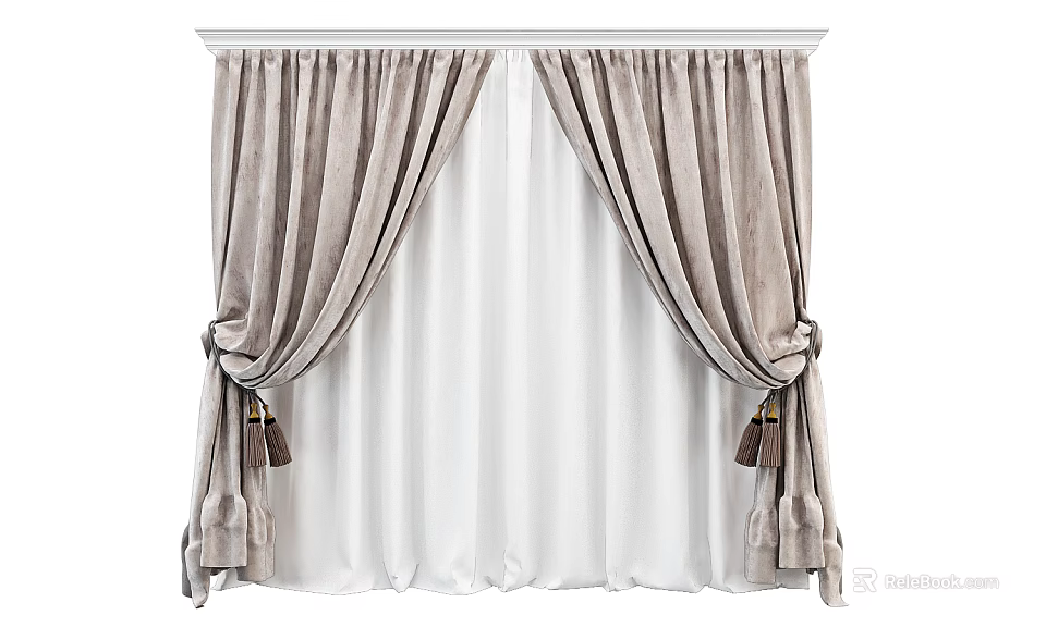 Light Gray Velvet Curtains with Sheer Inner Layer and Tassel Tiebacks for Home Decor 3d model 