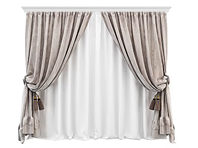 Light Gray Velvet Curtains with Sheer Inner Layer and Tassel Tiebacks for Home Decor 3d model