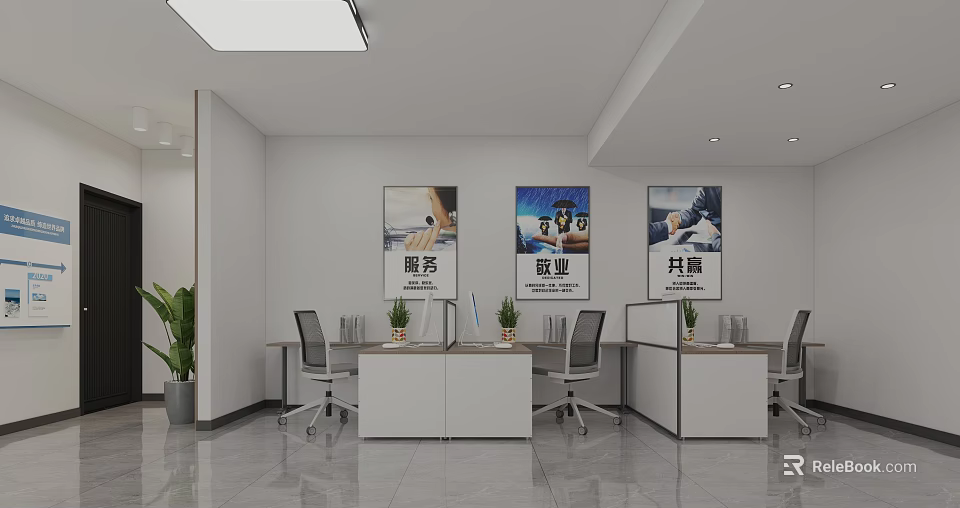Public Office Space with Modern Desks Ergonomic Chairs Wall Posters and Green Plants 3d model 