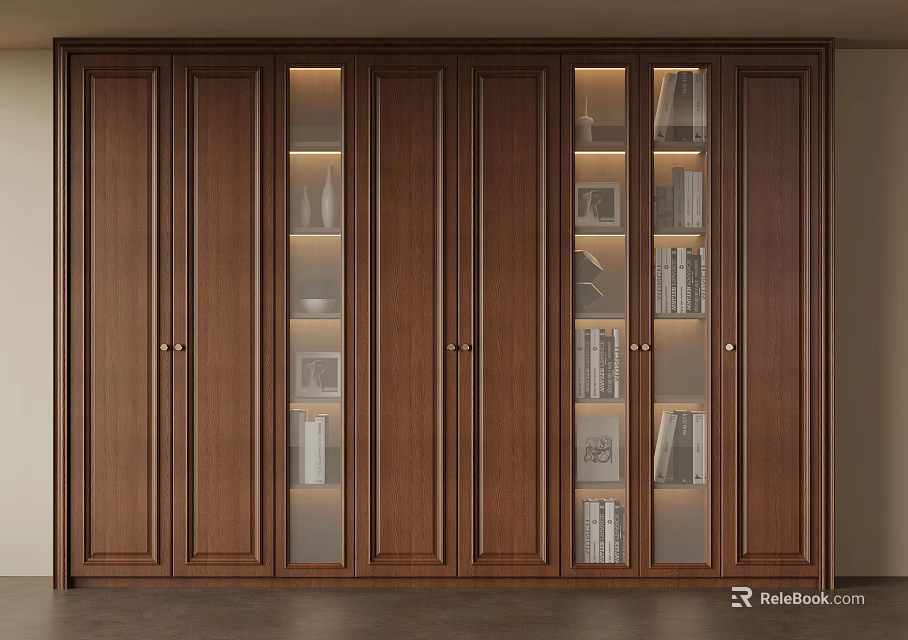 Modern Wooden Cabinet Design With Glass Door Compartments Showcasing Books And Decorative Items 3d model 