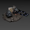 Heavy Gray Military Tanks With Yellow Triangular Marks Firing Cannon On Rocky Terrain