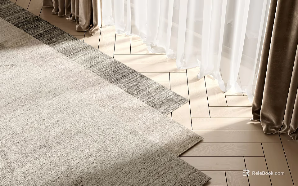Square Textured Rug on Wooden Floor with White Curtains and Natural Light 3d model 