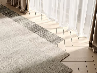 Square Textured Rug on Wooden Floor with White Curtains and Natural Light 3d model