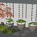 Japanese Aquarium Design With Ceramic Pots Water Lilies Red Maple Moss And Hanging Ornaments
