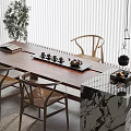 Modern Tea Room Setup With Wooden Chairs Marble Tabletop Tea Set And Potted Plants