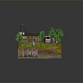 Rural Scene Model With Tile Roofed House Van Old Trees Utility Pole And Dirt Puddle