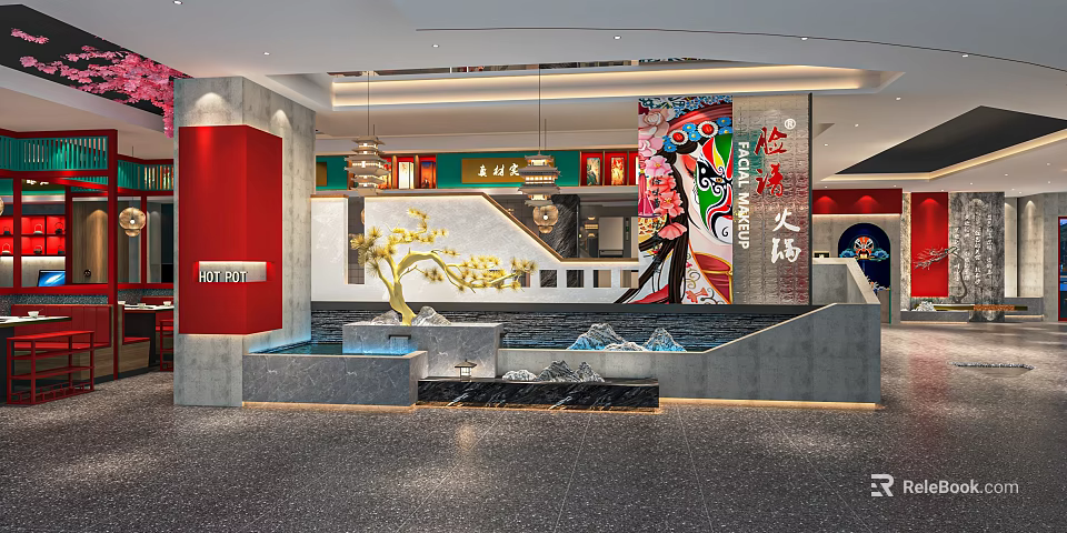 Traditional Chinese Hotpot Restaurant Interior With Stylish Red Accents And Artwork Design 3d model 