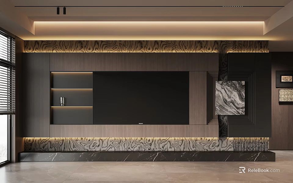Modern TV Wall Design With Marble Accent LED Lighting And Storage Shelves 3d model 