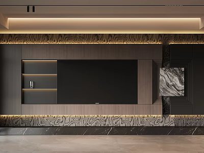 Modern TV Wall Design With Marble Accent LED Lighting And Storage Shelves 3d model