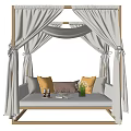 Cozy Outdoor Sofa with Wooden Frame White Curtains Yellow Gray Cushions and Flower Vase