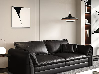 Black Leather Two Seater Sofa in Modern Interior with Abstract Painting Pendant Lamp and Bookshelf 3d model